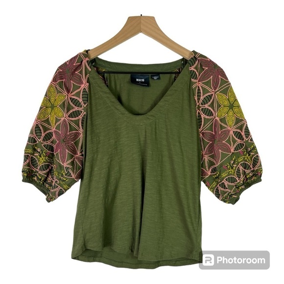 Maeve by Anthropologie Bridey Floral Embroidered Puff Sleeve Boho Green Top XS - Picture 2 of 9